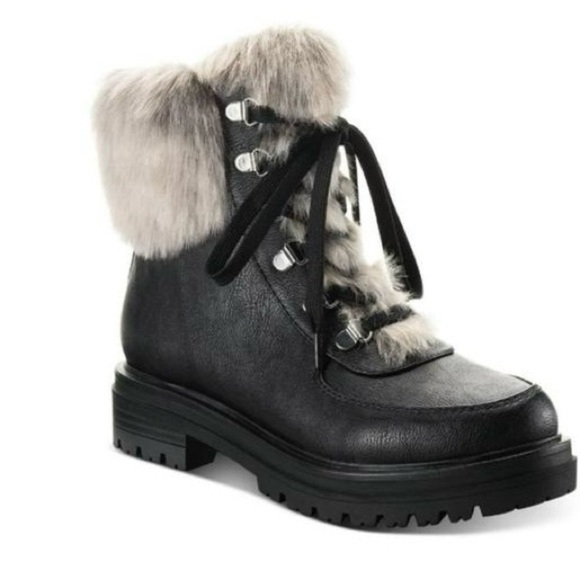 Sun + Stone Orlaa Ankle Derby Booties Women's 7m Black Faux Fur Detail Lace Up - Picture 2 of 9